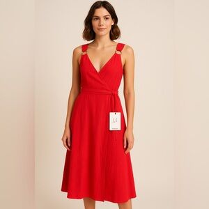 Joh Apparel Red Wrap Midi Dress Gold Ring Straps Sleeveless Size M NWT